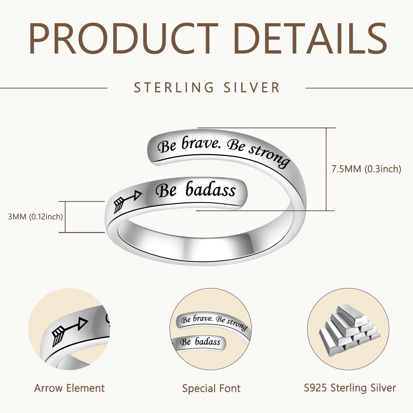 925 Sterling Silver Inspirational Jewelry Adjustable Wrap Open Ring Encouragement Gift for Women(Be brave. Be strong. Be badass)