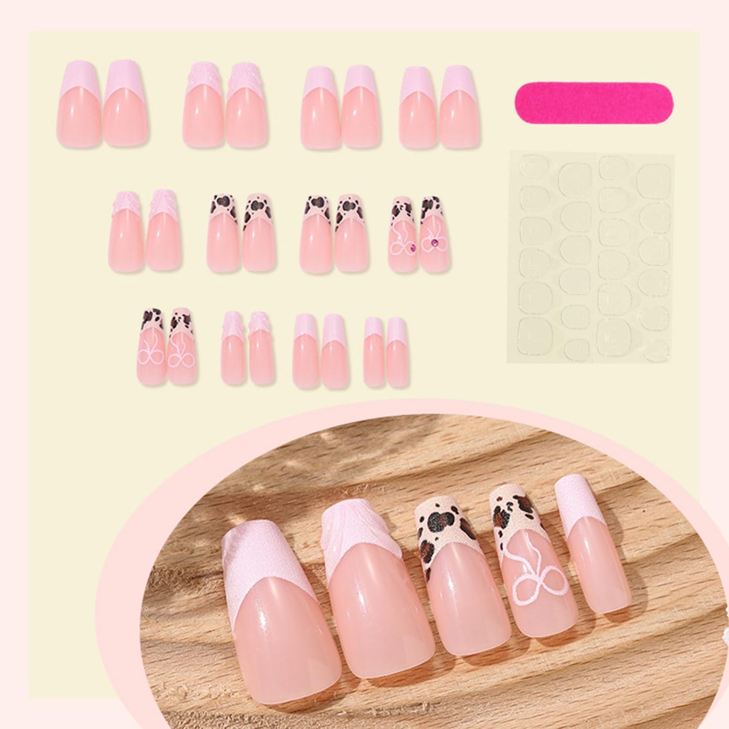 Vopintpy Leopard Print French Tip Press on Nails Long Square Fake Nails with Design Glossy Acrylic Glue on Nail Reusable Full Cover Artificial Stick on Nail for Women DIY Manicure