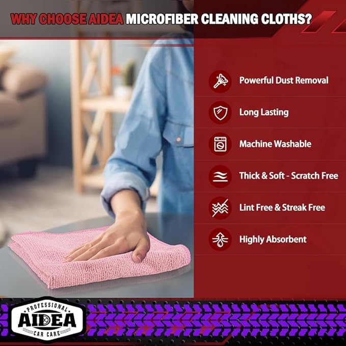 AIDEA Microfiber Cleaning Cloth Pink 20PK, Microfiber Towels for Cars, Premium Car Cloths, Dusting Cloth Lint Free Cleaning Rags for SUVs, House, Kitchen, Window, Workshops,12×12"