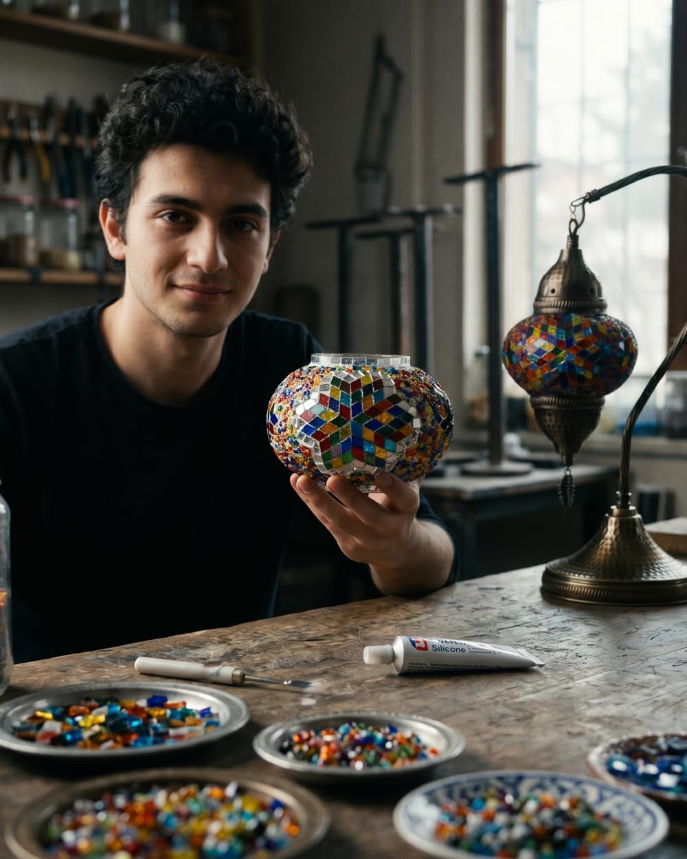 DEMMEX DIY Turkish Moroccan Mosaic Lamp Making Kit – Beginner Friendly Mosaic Art & Craft Project Kit for Adults & Teens – No Grout/Plaster Needed – Fun, Easy, No Experience Required (Multistar)