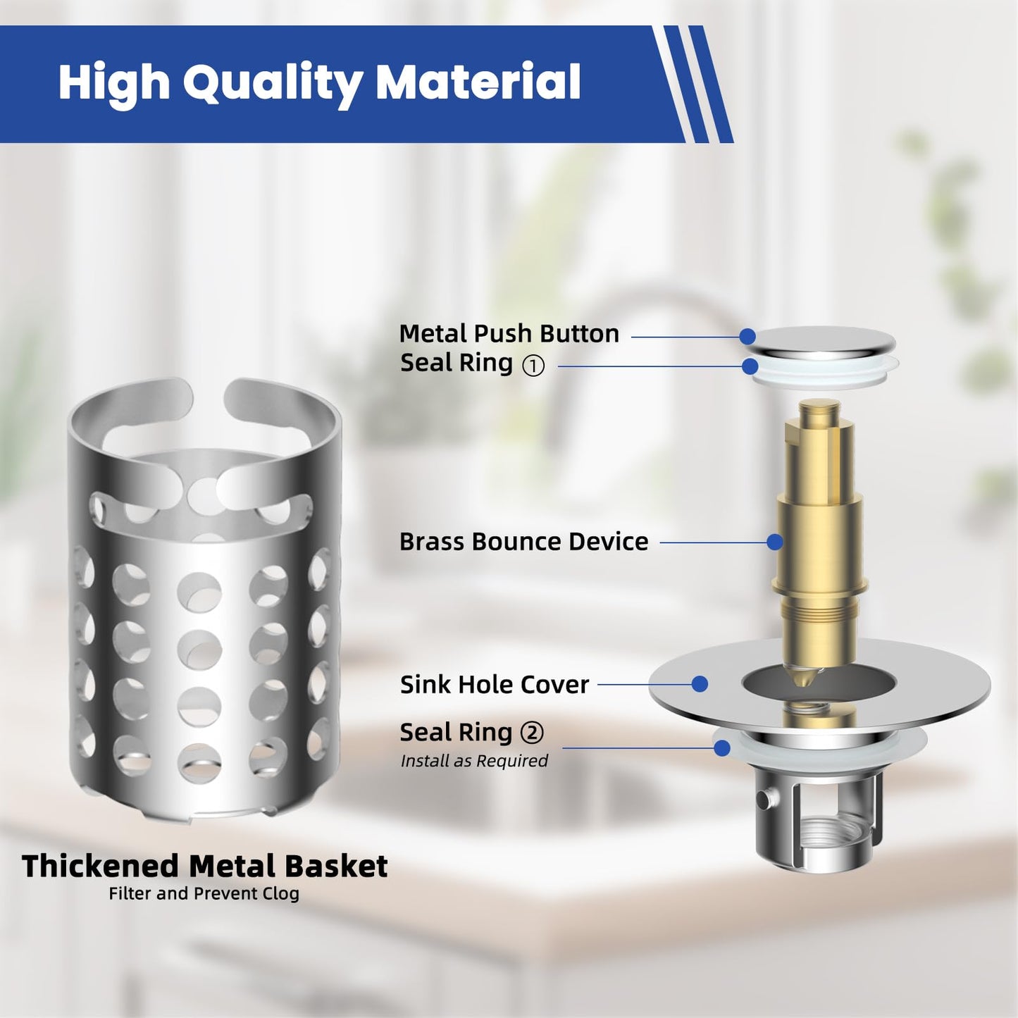 Universal Bathroom Sink Drain Strainer Hair Catcher 2PCS Upgraded with Removable Stainless Steel Filter Basket, 3 in 1 Pop Up Sink Stopper for 1.1''~2.36'' Sink Basin Hole, Chrome