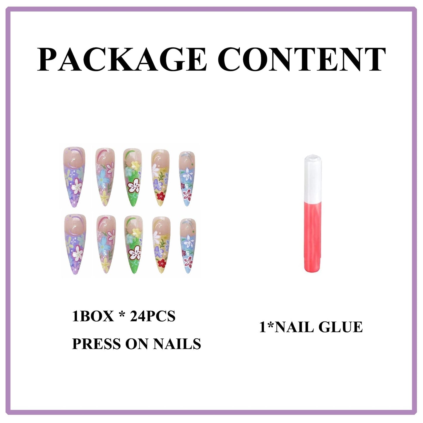 MERVF Long Almond Press on Nails - Colorful Flower French Tip Fake Acrylic Nails, Spring Design Stiletto 24pcs Glossy