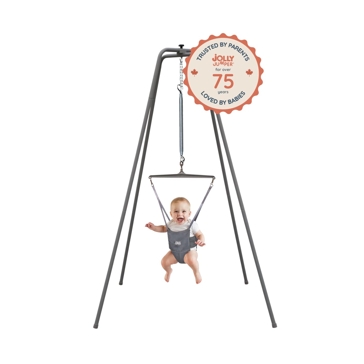 Jolly Jumper Elite (Grey) Baby Exerciser - Sturdy Frame, 6 ft Tall Stand Baby Jumper, Indoor and Outdoor Exercise Saddle Seat, Adjustable Height, for Infants up to 28 lbs