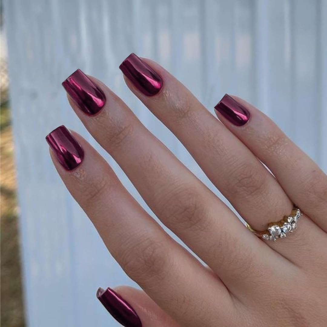 KQueenest Purple Mirror Metal False Acrylic Nails - Square Press Ons, 24 PCS Medium, Metallic, UV Cover, Natural Glue