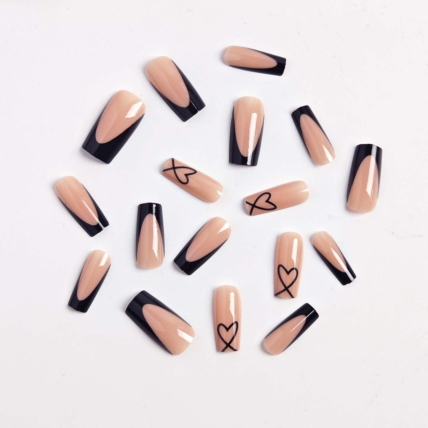 Black French Tip Press on Nails Coffin - Medium Fake Nails with Heart Design - Glossy Full Cover Stick on Press ons for Women Manicure Kit 24 Pcs