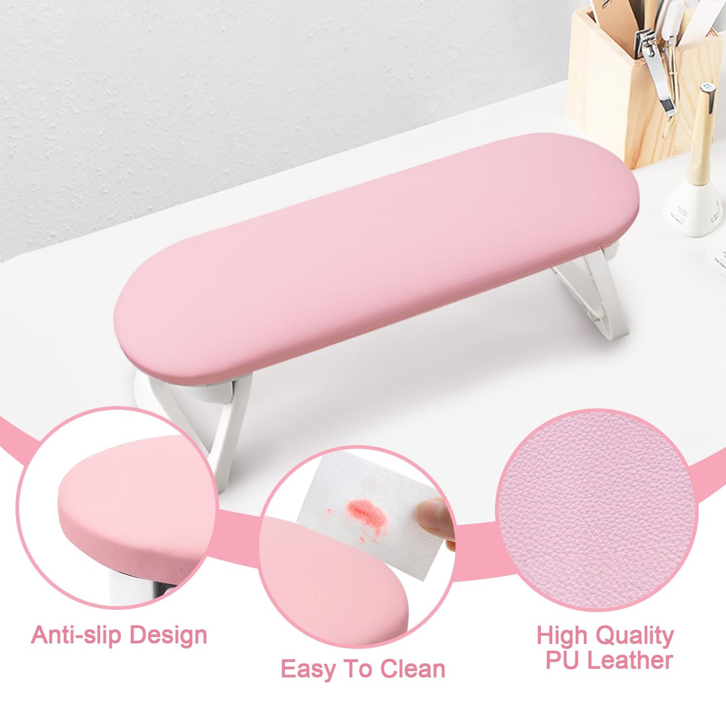 Subay Nail Arm Rest, Foldable PU Leather Manicure Hand Rest for Acrylic Nails Cushion Hand Holder, Nail Arm Rest Pillow Nail Art Tool for Nails Tech Manicure Pedicure Salon Home Use - Pink