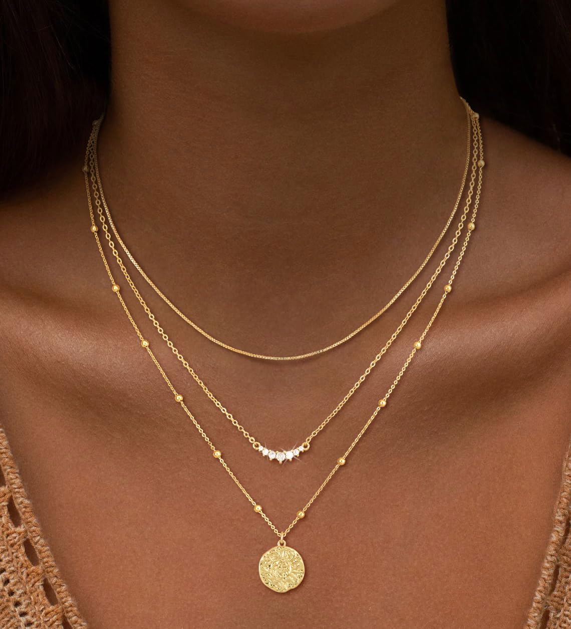 CHESKY 14K Gold Plated Layered Necklaces for Women,Dainty Stackable CZ Bar Disc Pendant Necklace Adjustable Layering Beads Box Chain Choker Necklace Gifts
