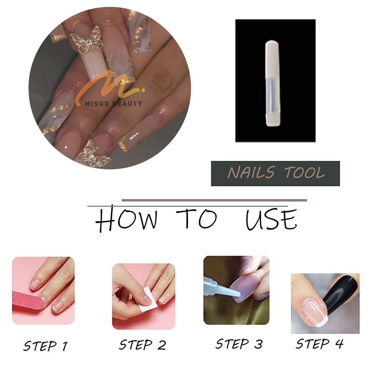 MISUD Press on Nails - Long Square Glue on Nails with Ombre, Acrylic Gold Butterfly Design 24 pcs