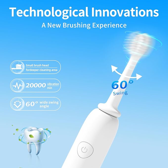 Rooman Oscillation&Vibration Sonic Electric Toothbrush for Adults, with 5 Brush Heads for Travel & Teeth Care, 20000 VPM, 3 Cleaning Modes, 2-Minute Timer, IPX7 Waterproof (White)