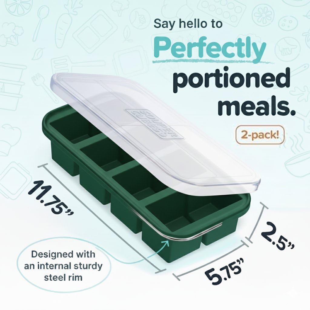 Souper Cubes 1 Cup Silicone Freezer Tray with Lids, Perfect for Storing Broth, Leftovers, Rice, Sauce and More, Silicone Soup Freezer Molds for Meal Prepping - Kale - 2-Pack