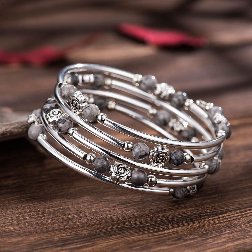 BULINLIN Wrap Bangle Rose Bead Bracelet - Beaded Bracelet with Natural Agate Stone Gifts For Women(01-Grey)