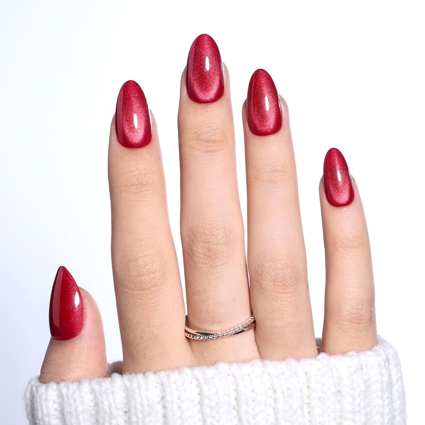 Leefrei Red Press On Nails - Short Almond Cat Eye Press on Nails Crimson Red Nails Press Ons for Women DIY Fake Nails Kit with Glue, Reusable Glue on Nails Short in 16 Sizes - 32pcs, Velvet Crimson