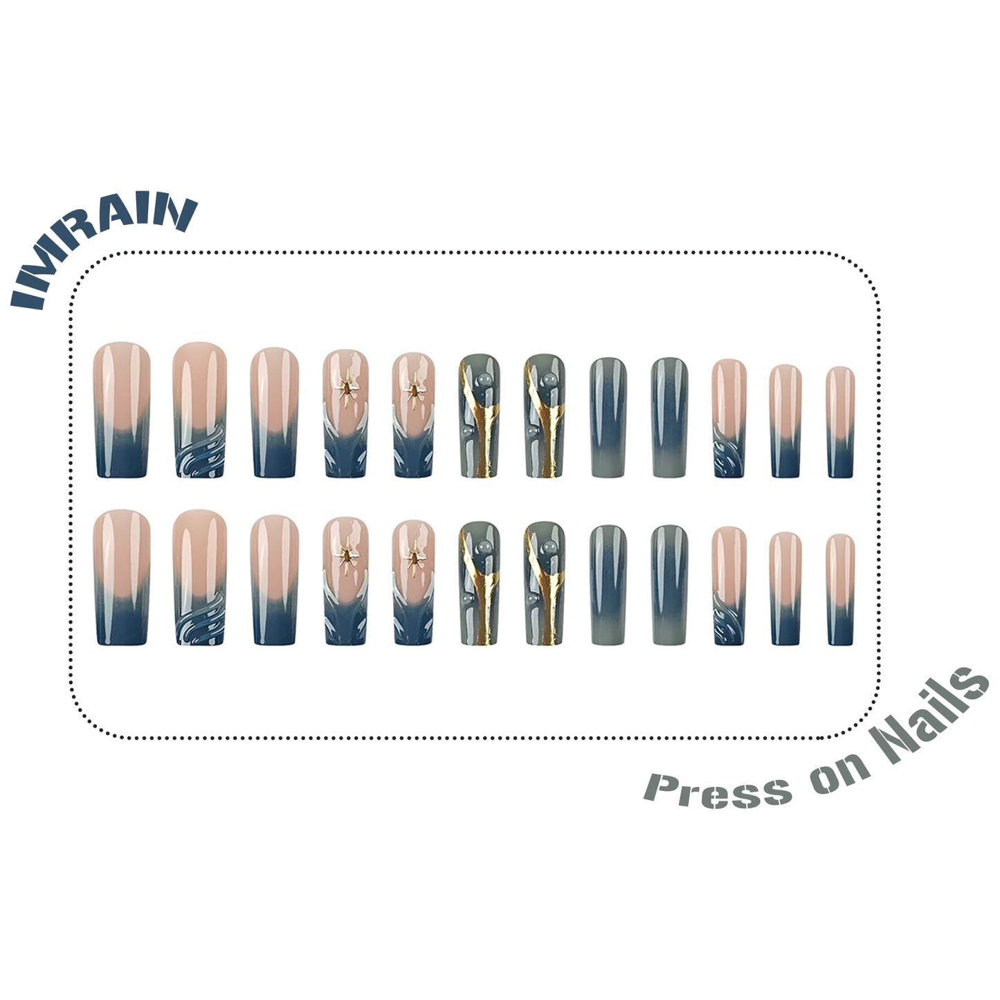 IMRAIN Long Press on Nails Square French Tip Fake Nails with 3D Wave Design Full Cover Blue Gradient & Golden Line Acrylic Nails Glossy Glue on Nails Artificial Squoval False Nails 24Pcs