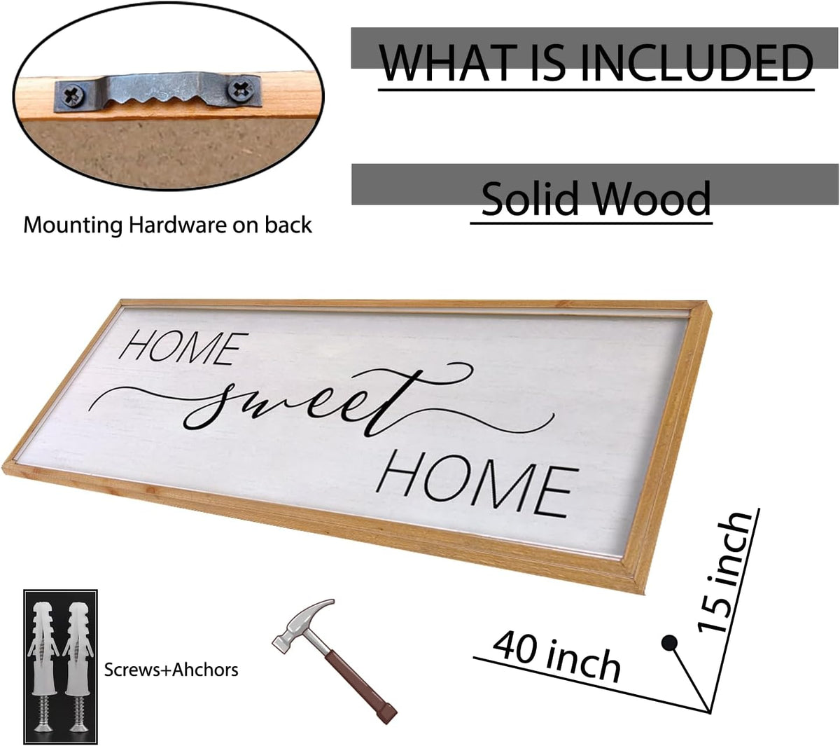 Home Sweet Home Sign Wall Decor 40"x15" Above Bed Living Room Large Wooden Framed Family Plaques Art (Wood)