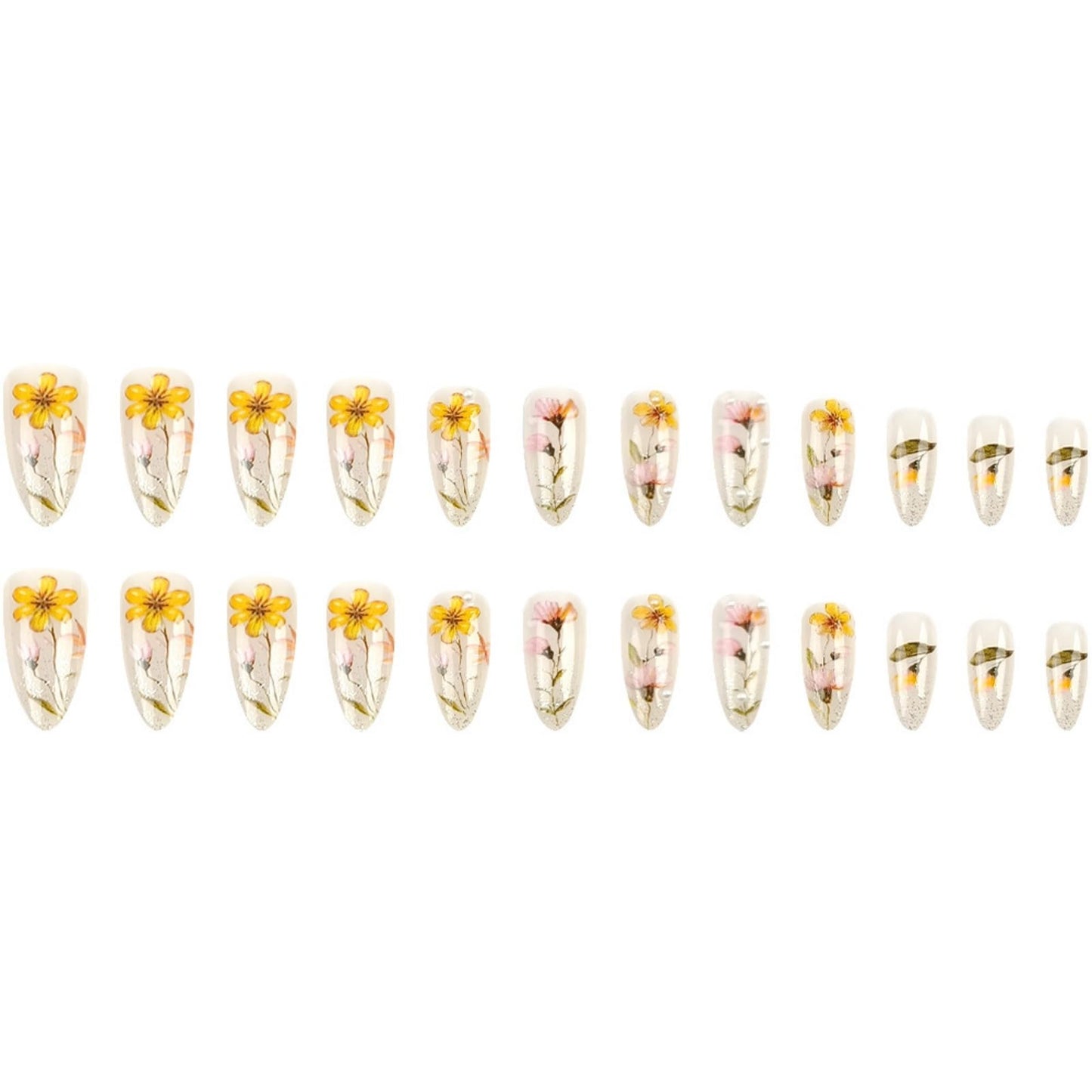 Almond Press on Nails Medium Fake Nails Nude False Nails Floral Artificial Nails with Pearl Designs Summer HandmadeNails Flowers Stick on Nails for Women 24pcs