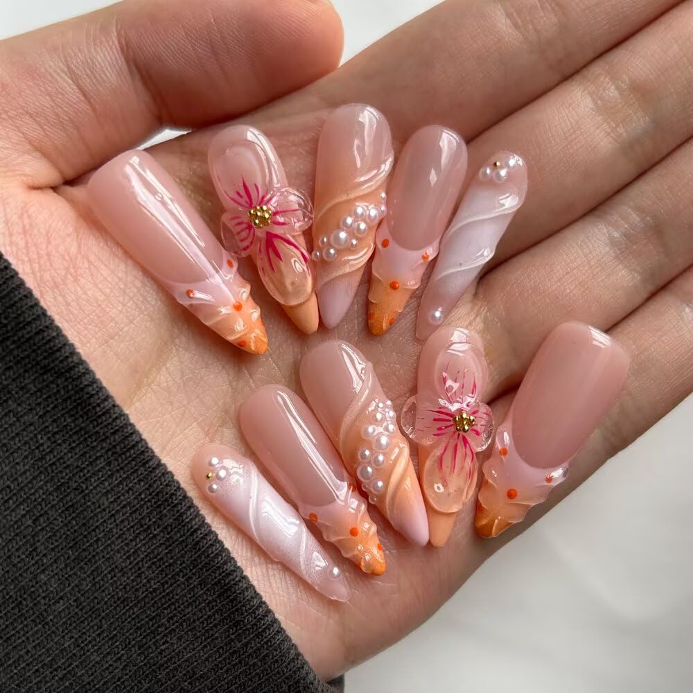 MAGLFELL Handmade Acrylic Long Almond Press On Nails, 3D Art Desigen False Nails for Women, Reusable ABS Material Fake Nails, 10 Pcs Almond Stick On Nails, DIY Nail Art At Home (Size M)