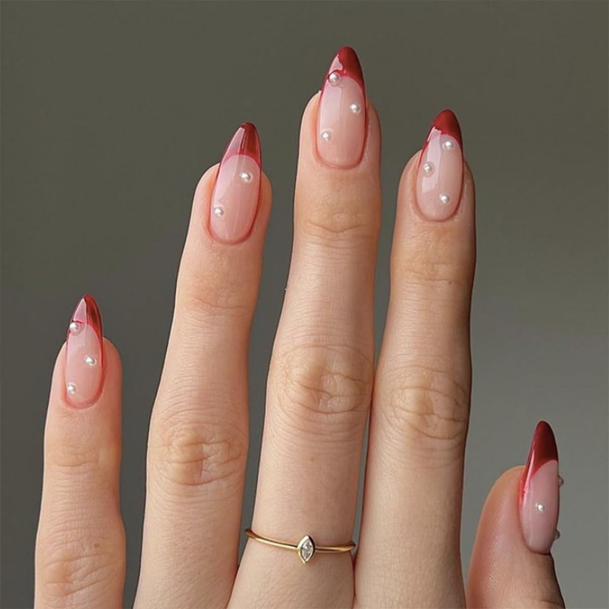 FJSMTOPl Rde French Tip Press on Nails Almond Fake Nails with Design Pearl False Nails Press ons Medium Acrylic Glue on Nails Cute Artificial Stick on Nail for Women Manicure 24Pcs