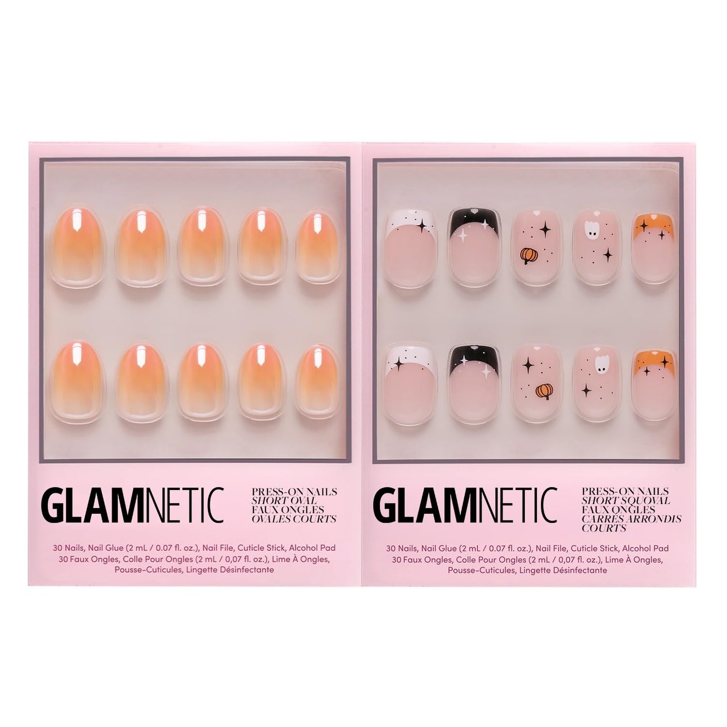 Glamnetic Press-On Nails Bundle - Candy Corn & Tiny Pumpkin | Short Oval Glazed Fake Nails with Ombre Design | Short Squoval French Tip Fake Nails with Pumpkin Graphics | Durable, Salon-Quality Nail K