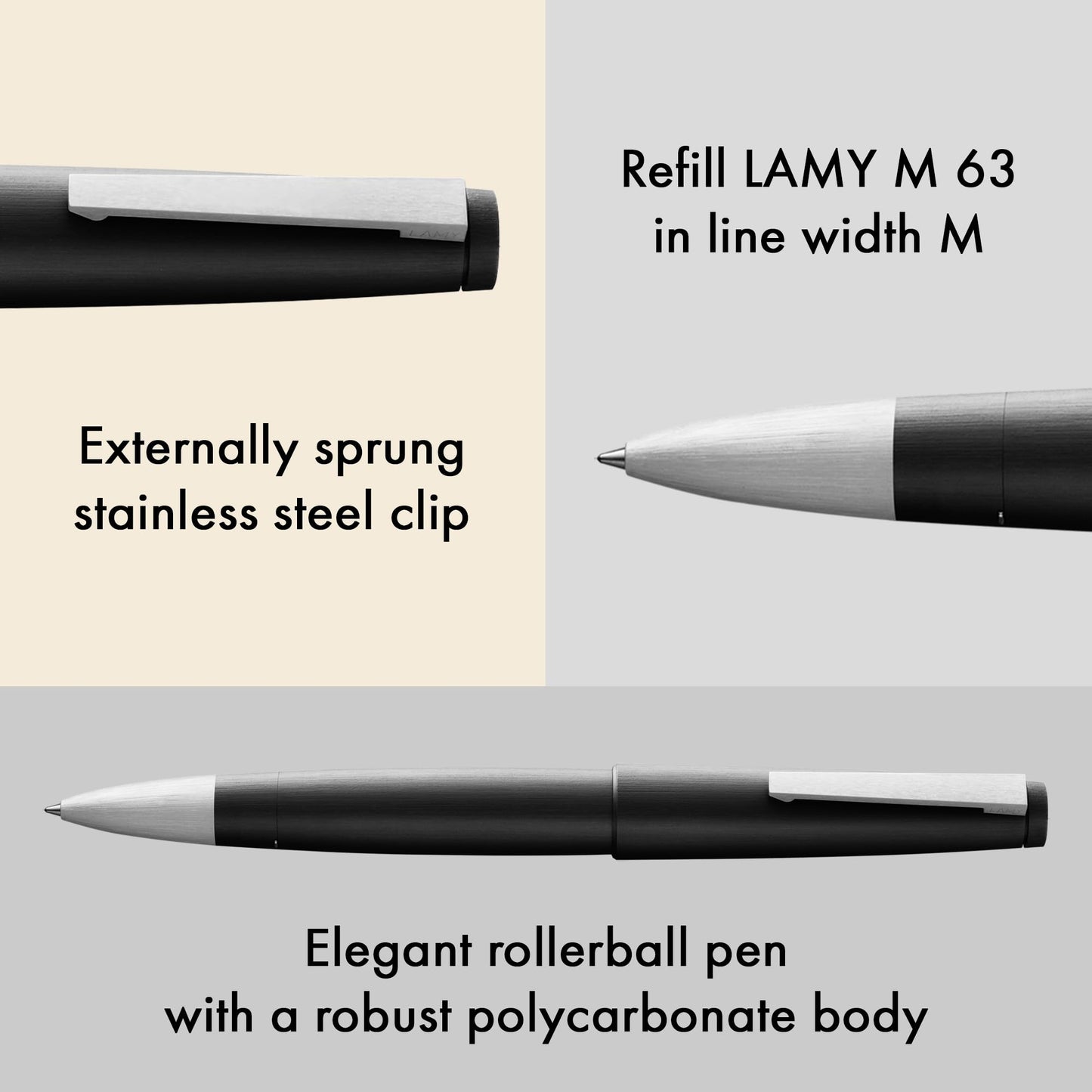 Lamy 2000 black - elegant rollerball pen in robust fibreglass barrel - perfectly balanced & in line width M M 63 rollerball refill in black