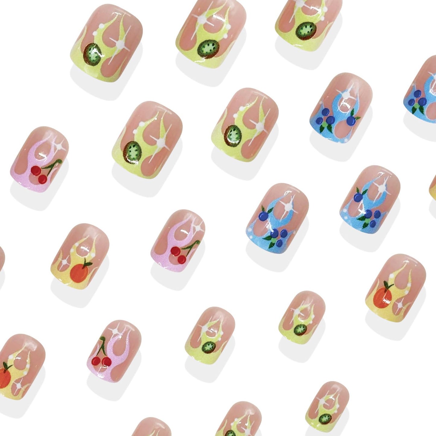IMSOHOT Press on Nails Short Square Fake Nails Colorful French Tips False Nails with Flame & Fruit Designs Nude Glossy Full Cover Cute Summer Acrylic Squoval Stick on Nails 24Pcs