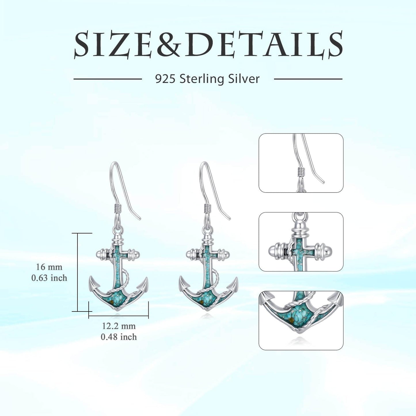 HPQQ Anchor Earrings 925 Sterling Silver Turquoise Anchor Dangle Earrings Ocean Beach Themed Jewelry Mother's Day Jewelry Gifts for Women