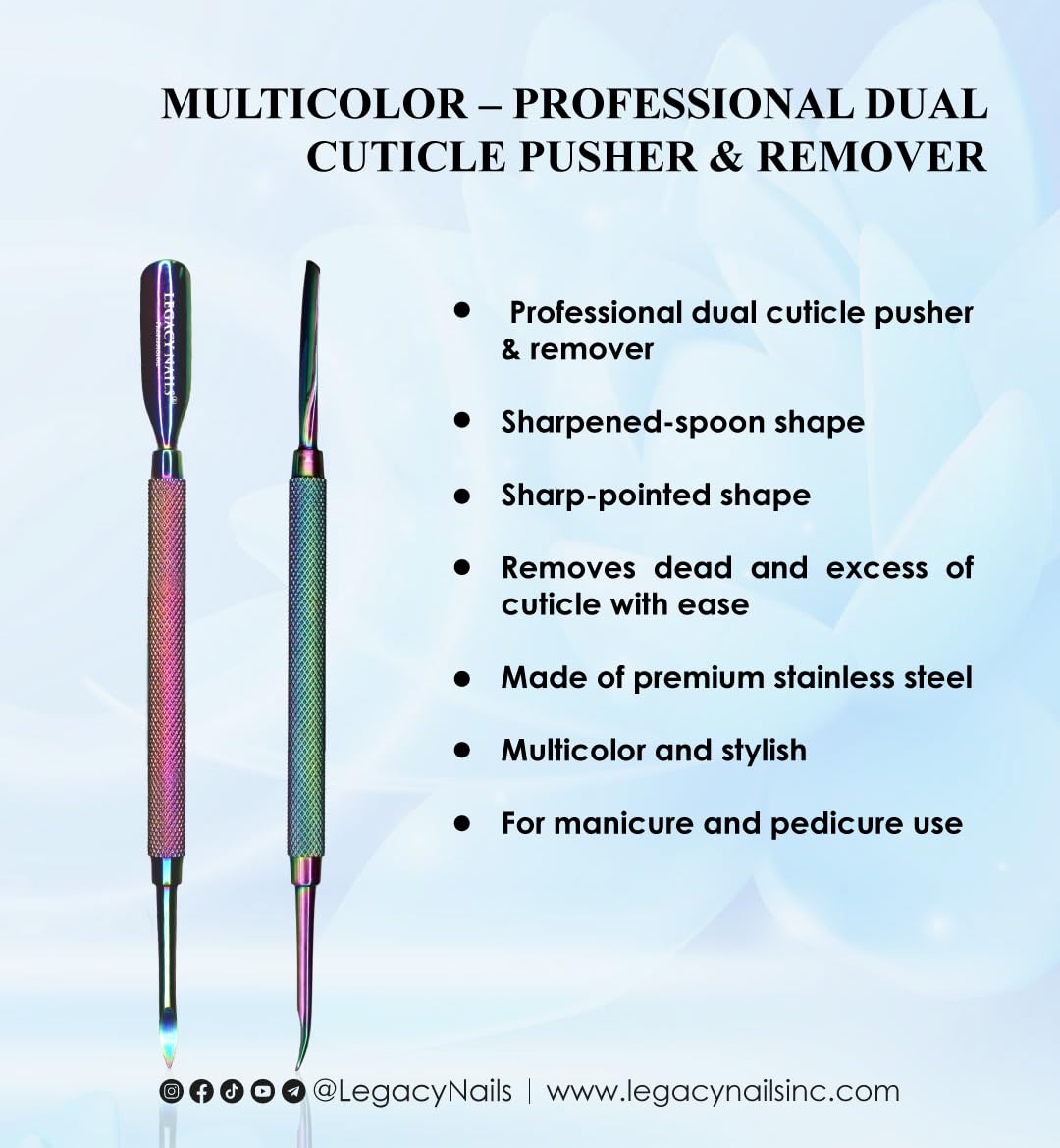 Legacy Nails Professional MULTICOLOR DUAL CUTICLE PUSHER & REMOVER in Stainless Steel - Sharpened-spoon shape - Sharp-pointed shape