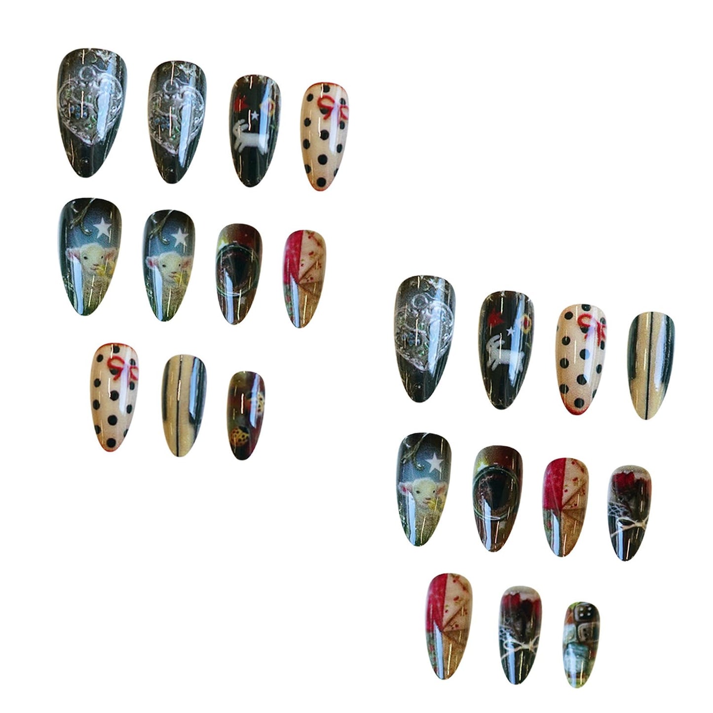 IMRAIN Press on Nails Medium Almond Fake Nails with Rose, Lamb Designs Glue on Nails Acrylic Glossy Full Cover False Nails for Women