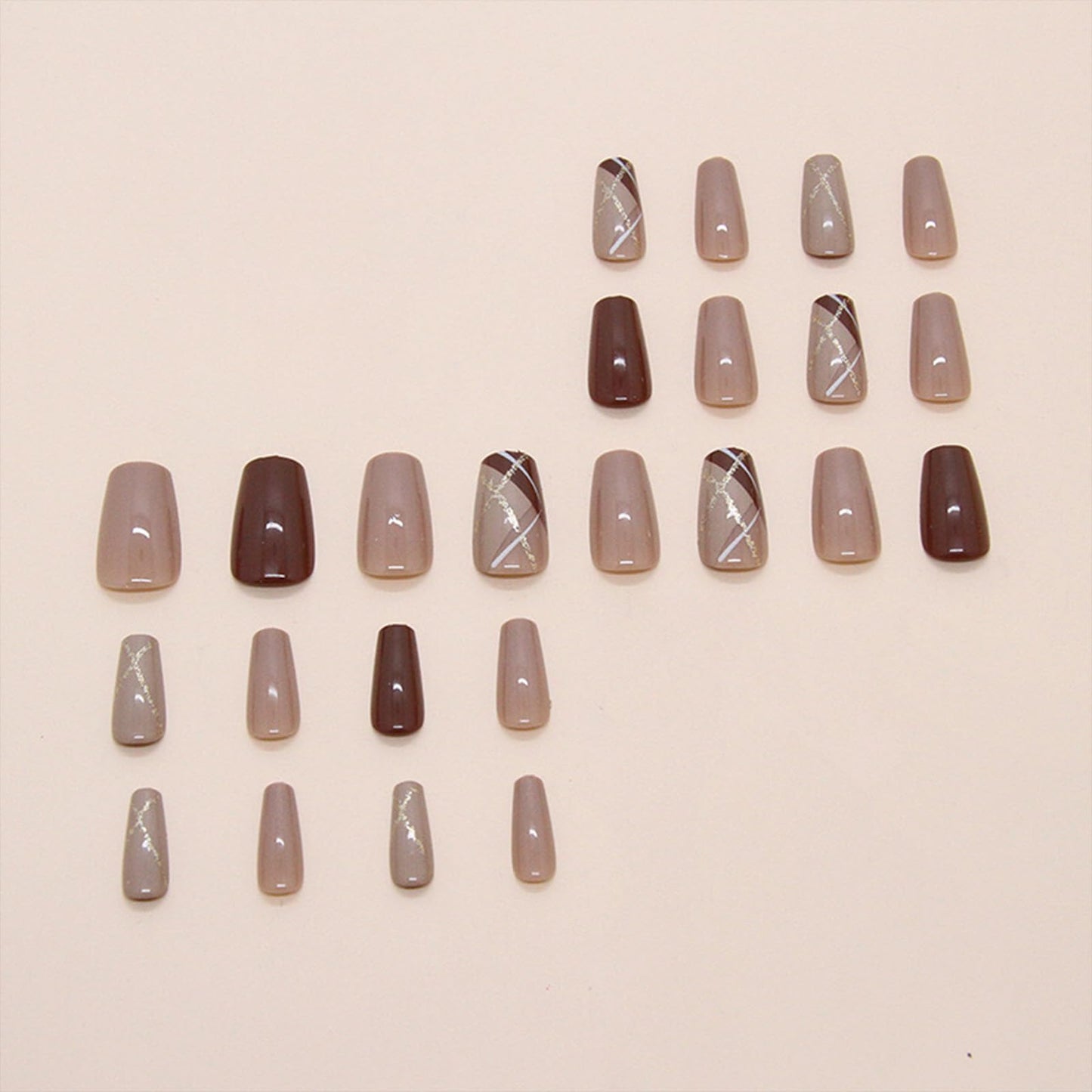 SINHOT Press on Nails - Medium Square Fake Nails, Glossy Finish, Gold Glitter & Brown, DIY Artificial False Nail Art - 24 Pcs Nail Kit with Glue