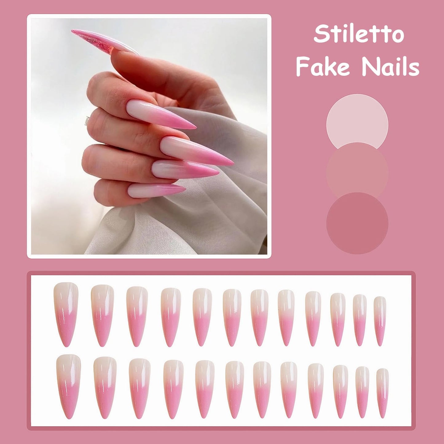 MISUD Press on Nails - Long Stiletto Fake Nails with Pink Ombre, Acrylic Gradient Design 24 pcs
