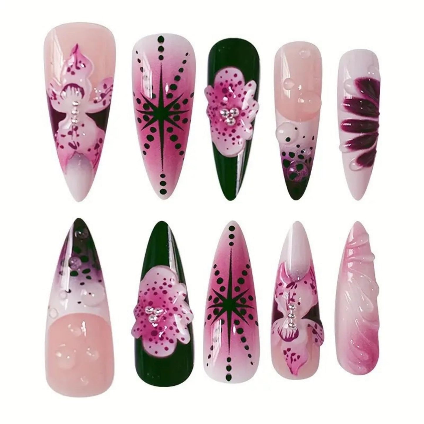 Long Press on Nails Almond Fake Nails Purple French Artificial Nail with 3D Flowers Designs Glitter Summer and Fall Cute Stick on Nail for Women 24pcs