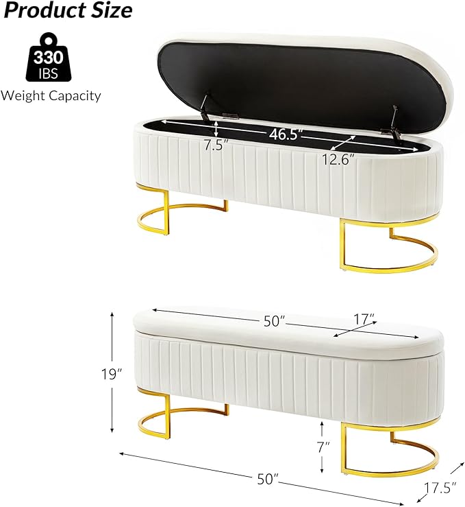 EcoHarbor Living 50" Storage Ottoman Bench with 2 Additional Ottomans, End of Bed Bench Bedroom Bench, Upholstered Velvet Long Window Bench with Gold Legs, Flipping Lid Entryway Footrest
