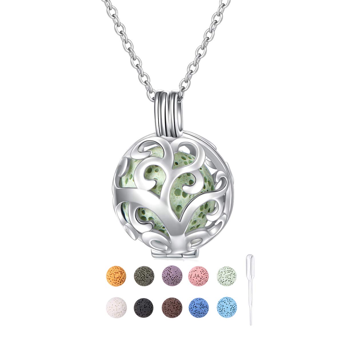 DAOCHONG Tree of Life Aromatherapy Necklace, S925 Sterling Silver Ball Shape Essential Oils Diffuser Locket Pendant Necklace 18+2 inches Rolo Chain with 10 PCS Stones