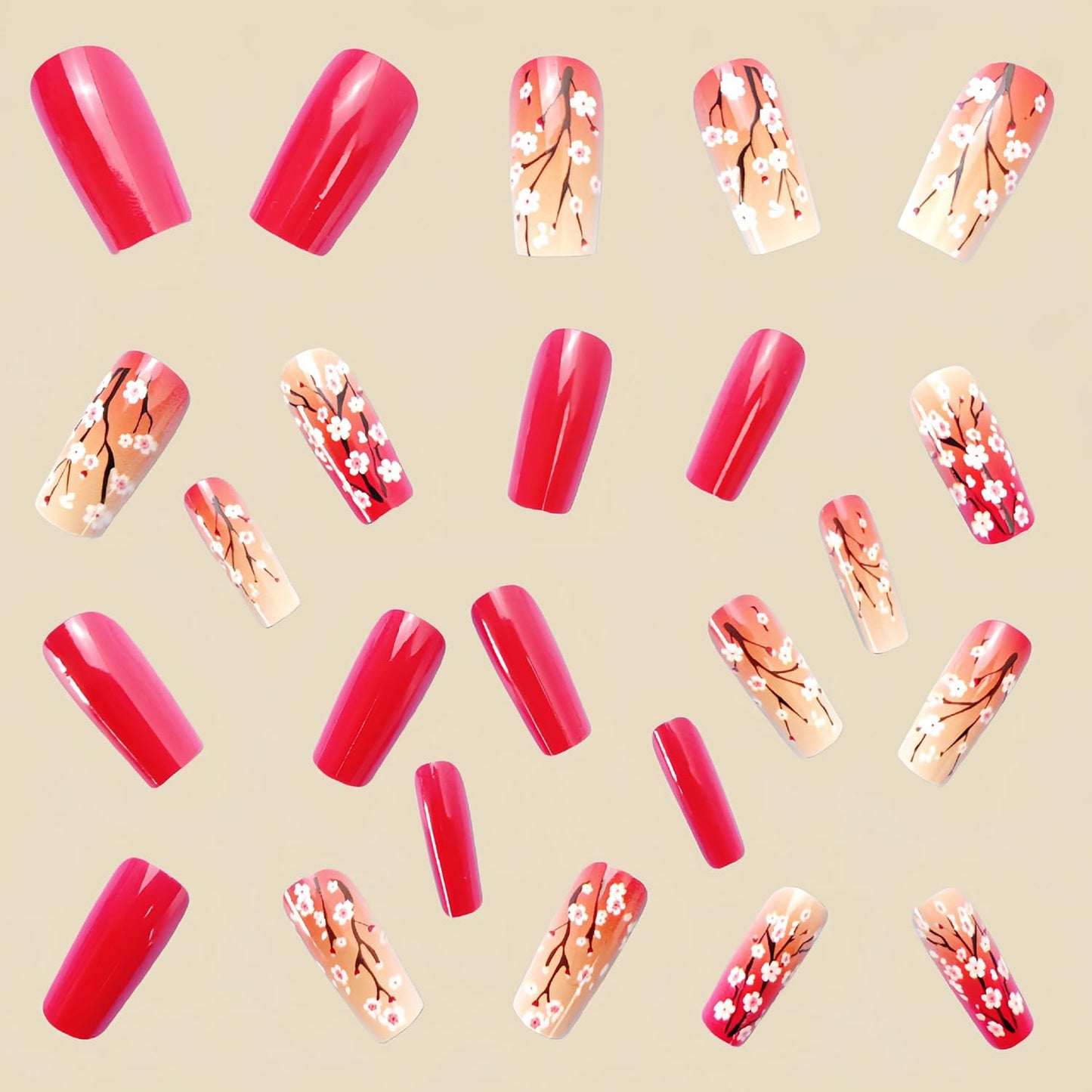 Red Press on Nails Medium Length Pink Flower Pattern Design Fake Nails Gradient Press Nails Full Cover Glossy Acrylic Nails Artificial Coffin Nails Ballet Shaped Stick on Nails Glue on Nails for Women
