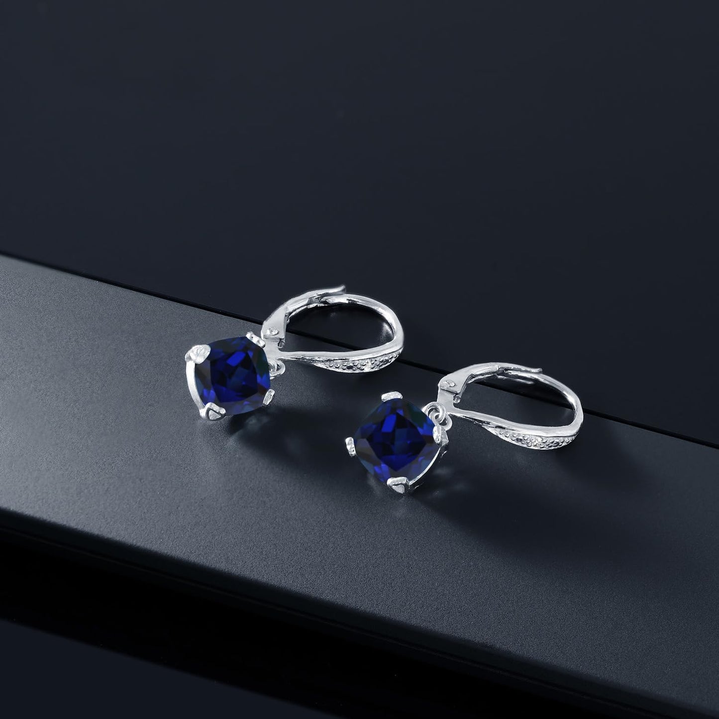 Gem Stone King Drop Dangle Earrings For Women | 7MM Cushion Cut Gemstone Birthstone and Diamond | 925 Sterling Silver | Jewelry Gift for Mom Wife Her | Created Sapphire-September | Sterling Silver