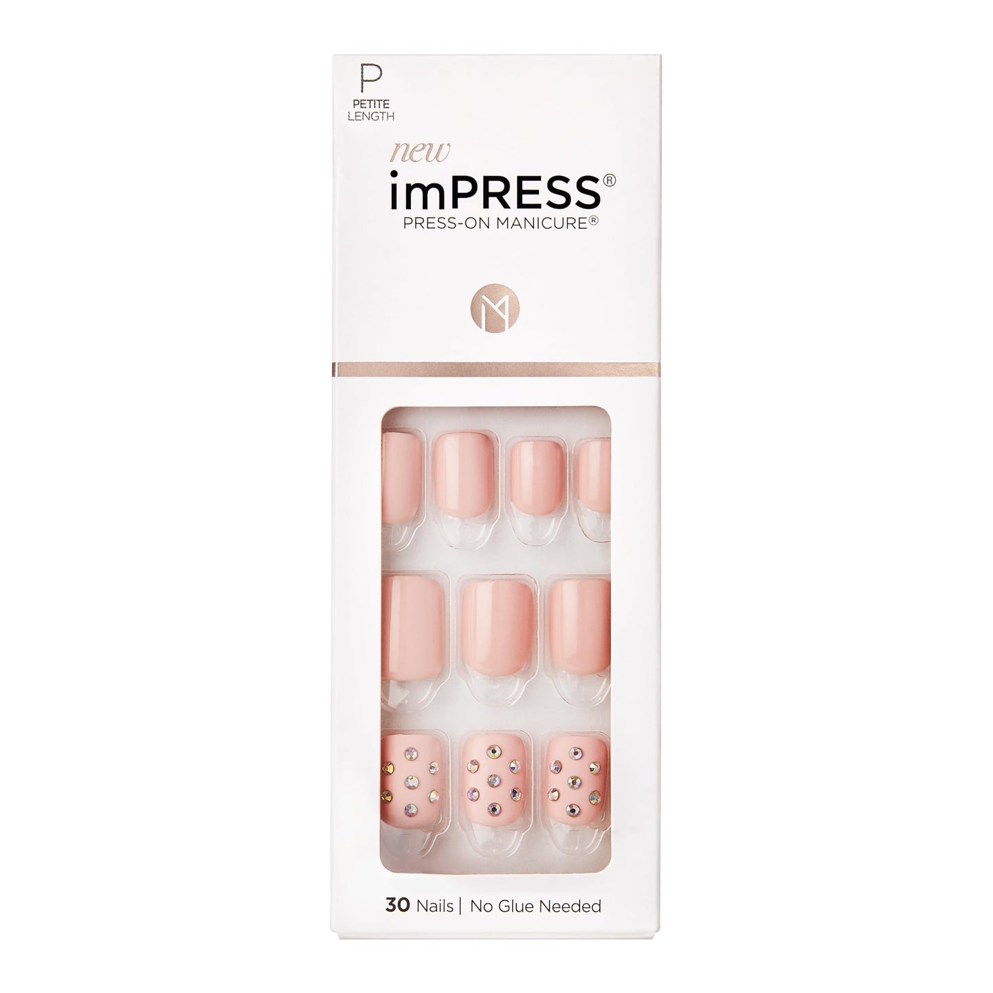 KISS imPRESS No Glue Mani Press On Nails, Design, 'Petite Secrets', Pink, Petite Size, Squoval Shape, Includes 30 Nails, Prep Pad, Instructions Sheet, 1 Manicure Stick, 1 Mini File