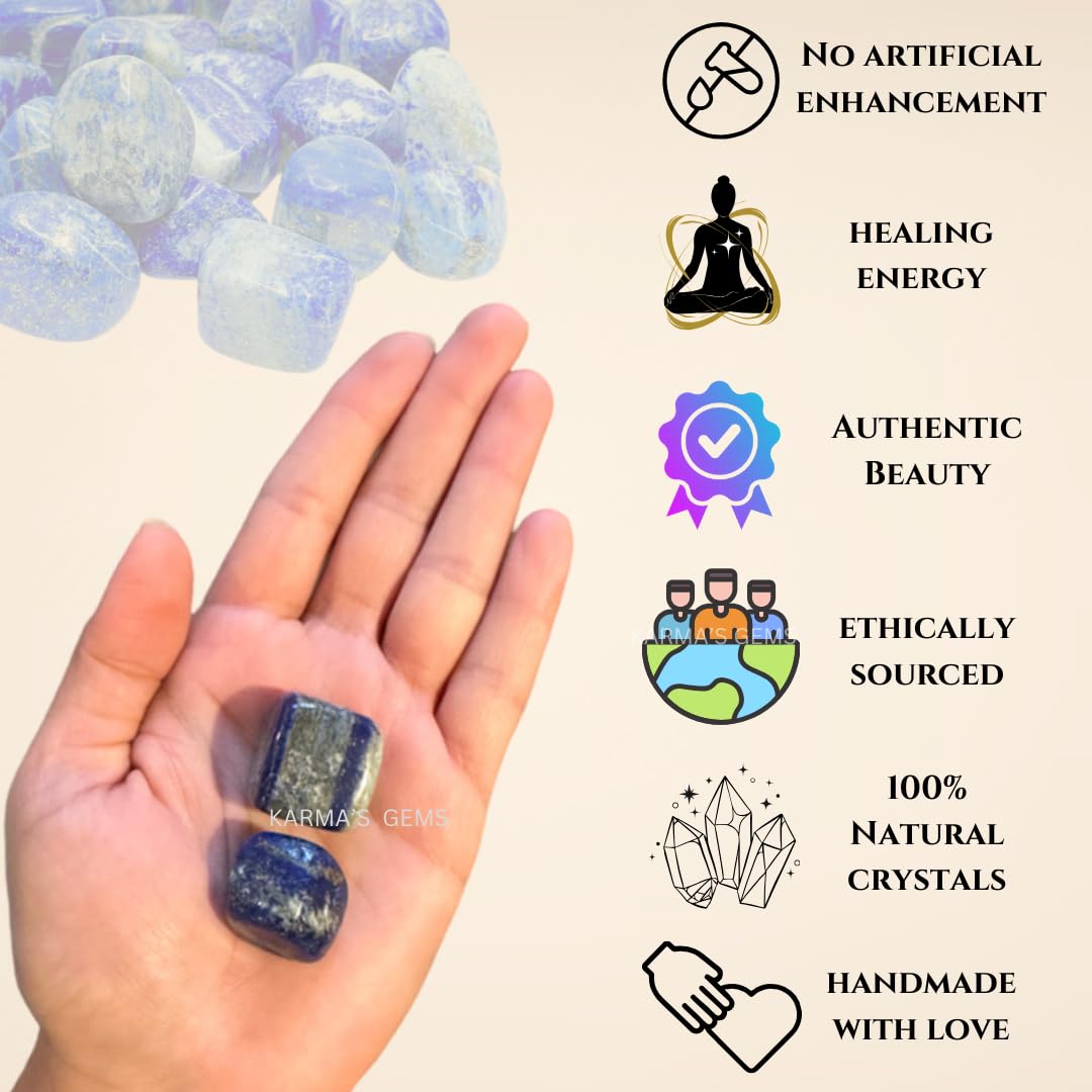 Karma Gems Lapis Lazuli Tumbled Stones Natural Crystal Kit for Reiki Healing Crystal Polished, Tumble Stones, Chakra Balancing, Reiki Gift, Home Decor (15-25 MM)