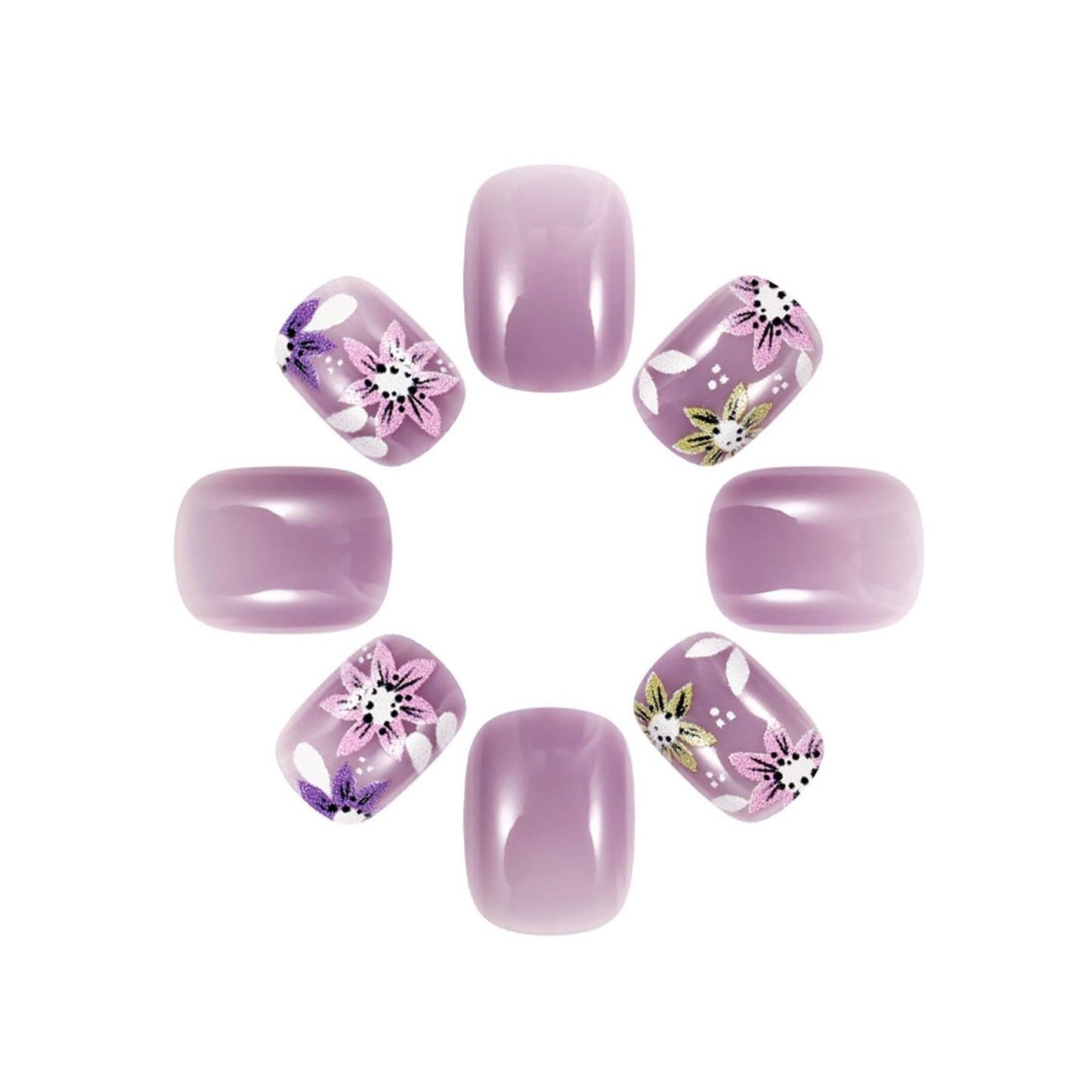 Short Press On Square Fake Nails with Flower Designs Acrylic Press Ons Glossy Glue Ons Spring False Purple Full Cover Artificial Stick Ons for Women 24Pcs