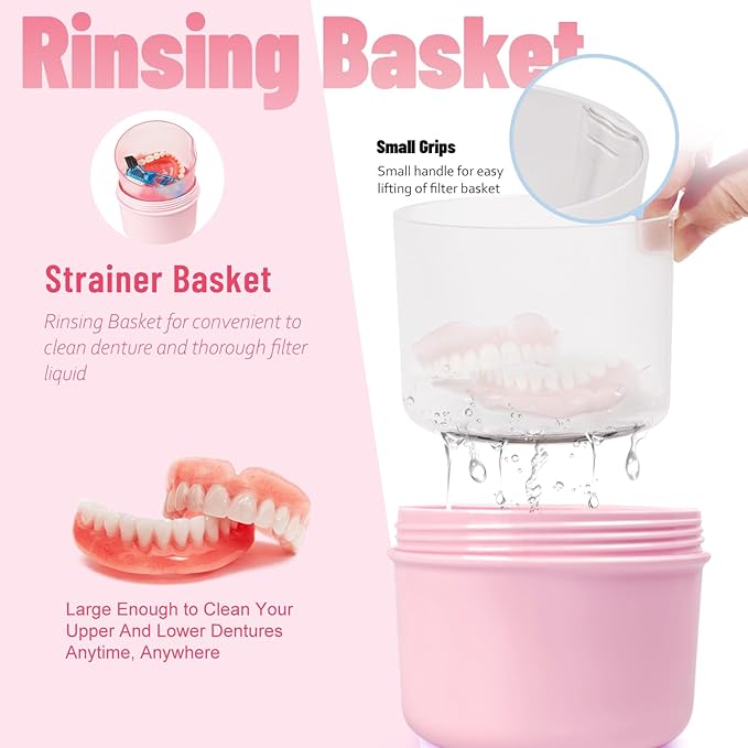 Leak Proof Travel Denture Bath Case for Full Dentures, Denture Cups for Soaking Dentures, Denture Container Cups with Brush for Dentures, Aligner, Retainers, Mouth Guard (Pink)