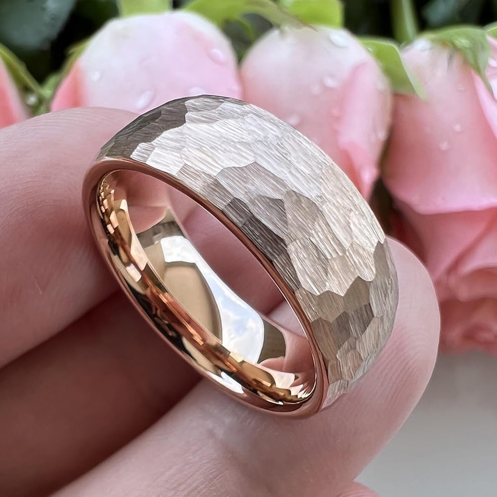 TUTISS 8mm Rose Gold Hammered Tungsten Rings for Men Women Engagement Wedding Bands Domed Matte Finish Comfort Fit Size 8