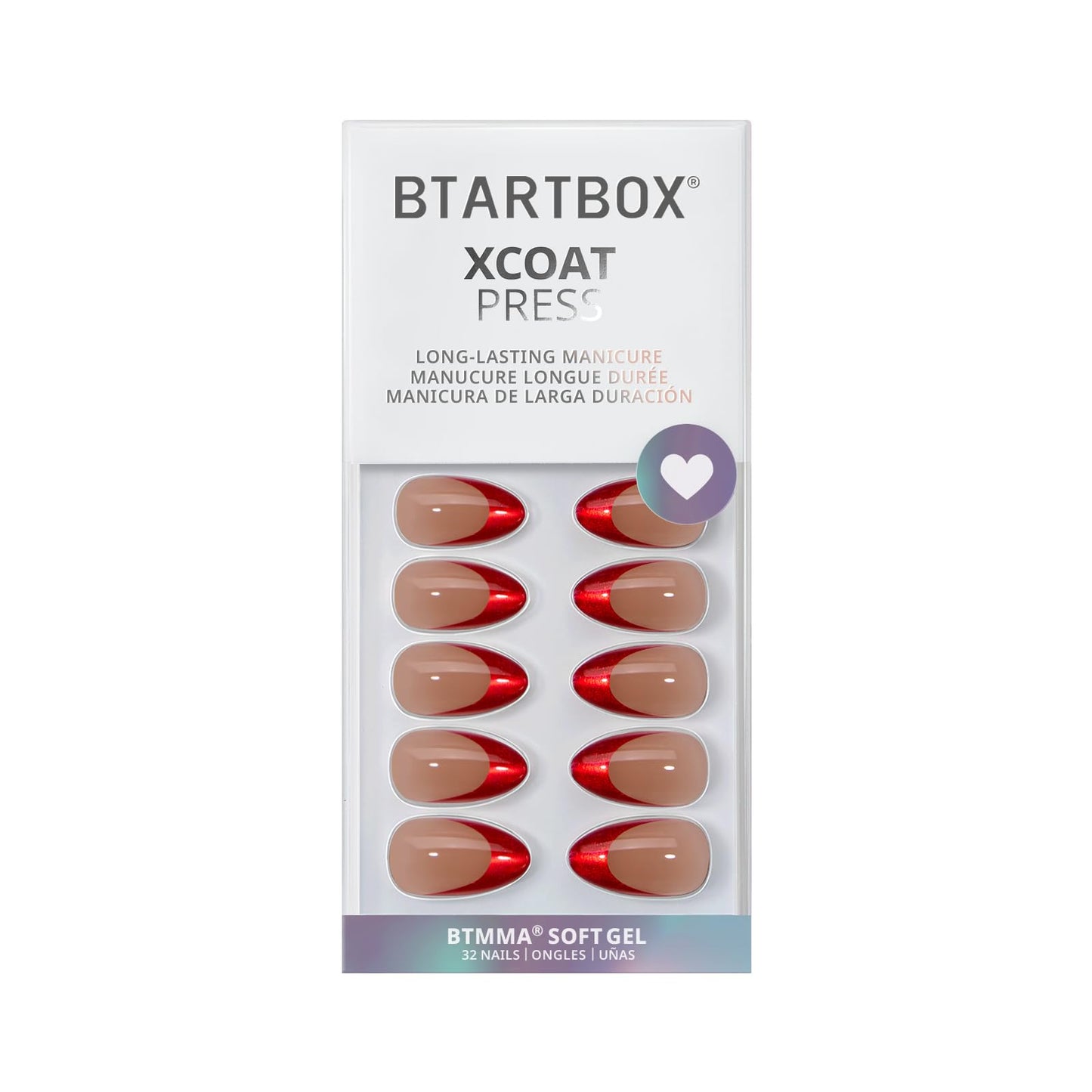 BTArtbox French Tip Press On Nails - Ruby Slipper, Lamp-Curable Red Cat Eye Short Almond Press On Nails with Glue and Adhesive Tabs for Women in 16 Sizes - 32 Soft Gel Glue On Nails Kit