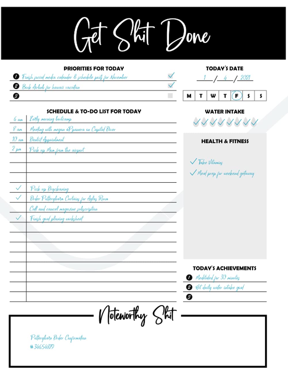 Bliss Collections Get Shit Done Daily Planner Tear Off Pad, 50 Undated Sheets, Desk Notepad, Schedule, To-Do List, Task Planner, Productivity ... Fitness Tracker,: Daily Planner, Desk Notepad