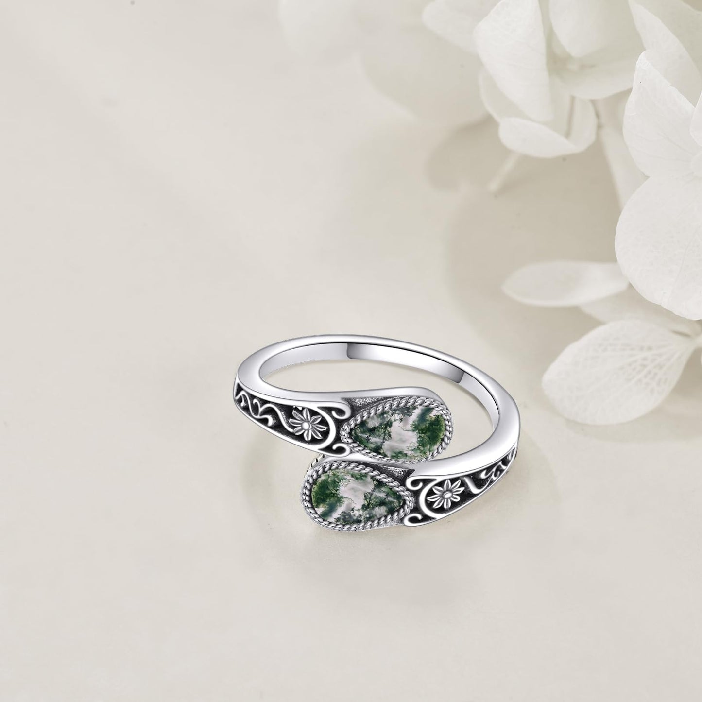 POPLYKE Sterling Silver Moss Agate Filigree Spoon Ring Vintage Thumb Rings Boho Adjustable Open Ring Statement Jewelry Gifts for Women