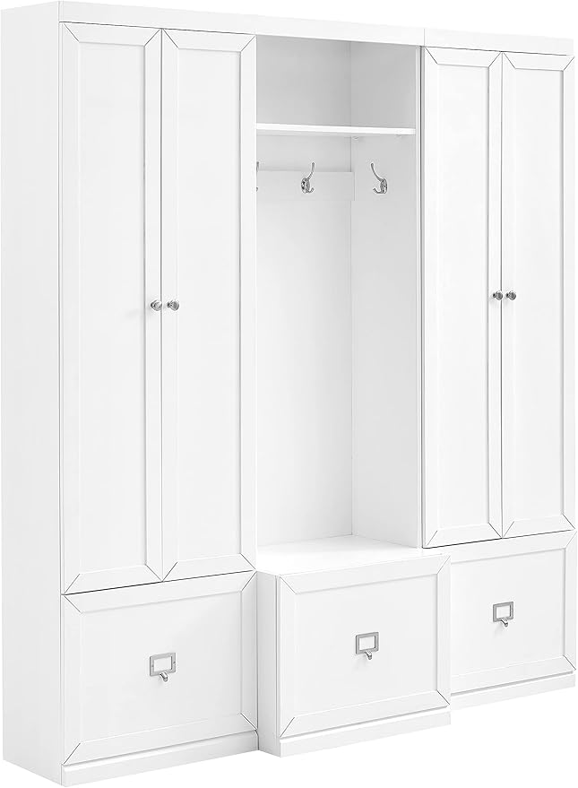 Crosley Furniture Harper 3-Piece Hall Tree and Storage Cabinet Set with Entryway Bench and Hooks for Hanging, White