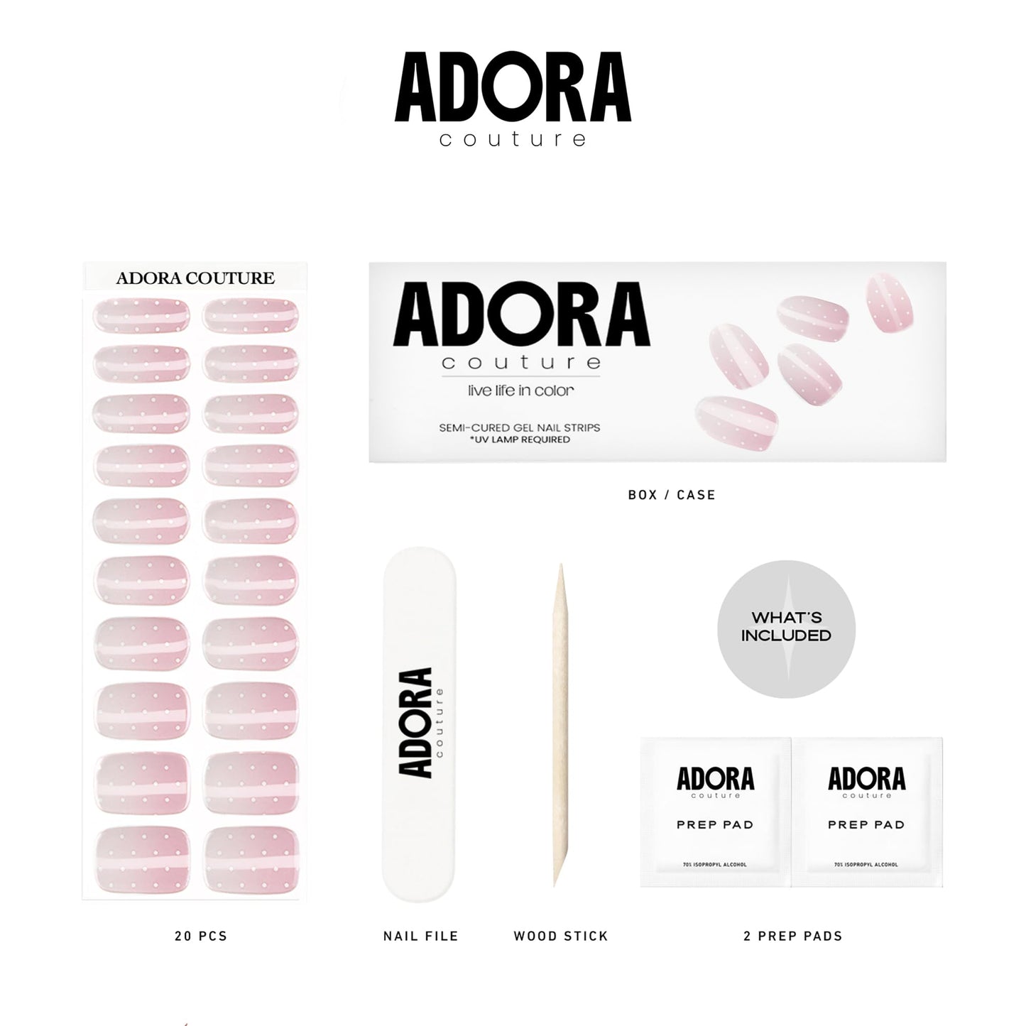 Adora Couture Semi-Cured Gel Nail Strips - 20 Salon-Quality Gel Sticker with UV Light Required, Long Lasting, Easy Application & Removal, Includes Prep Pad, Nail File, Wooden Stick – Powdered Sugar