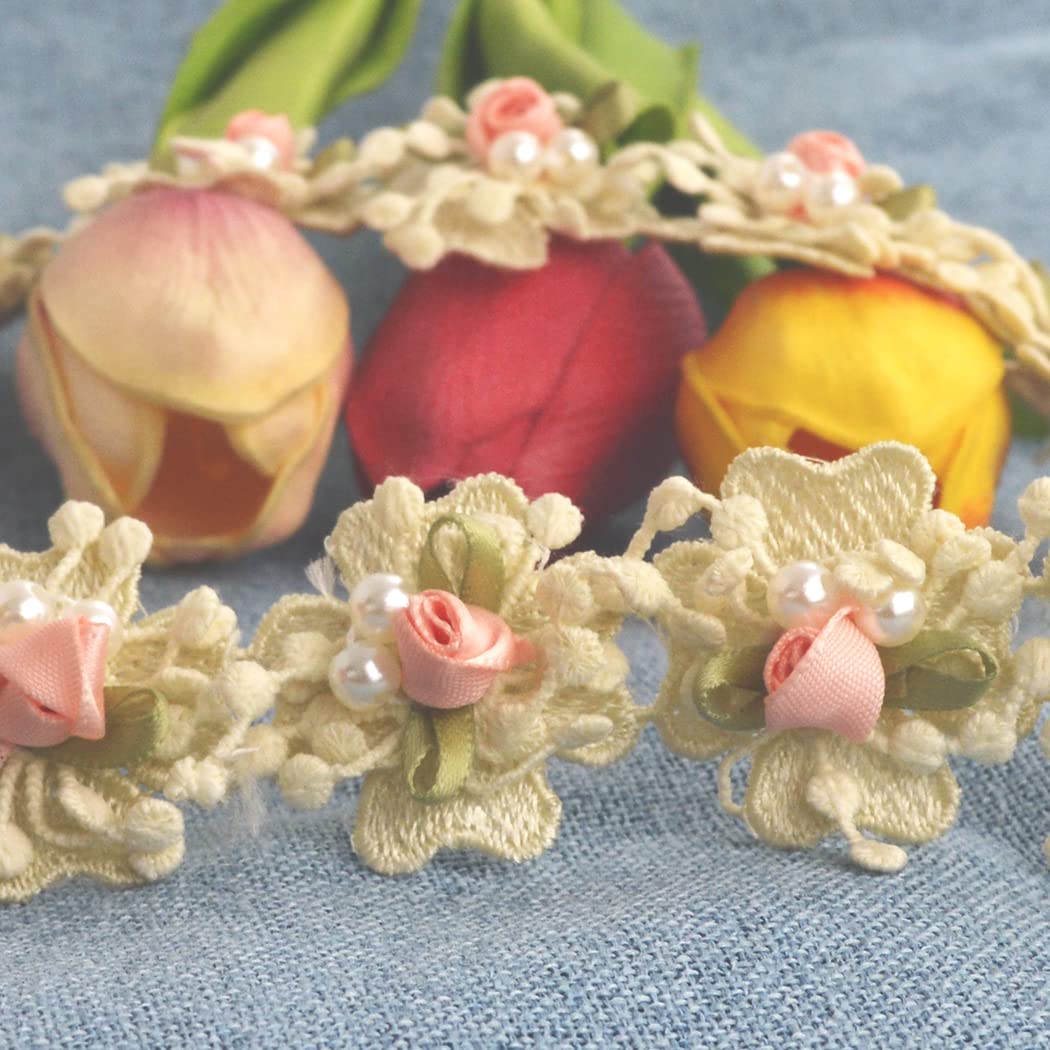 Kuasting 2 Yard Vintage Pearl Flower Ribbon Scallop Edge Trim Lace Fabric Sewing Lace Trim Handmade DIY Sewing Supplies for Dress Embellishment (Small Pearl lace)