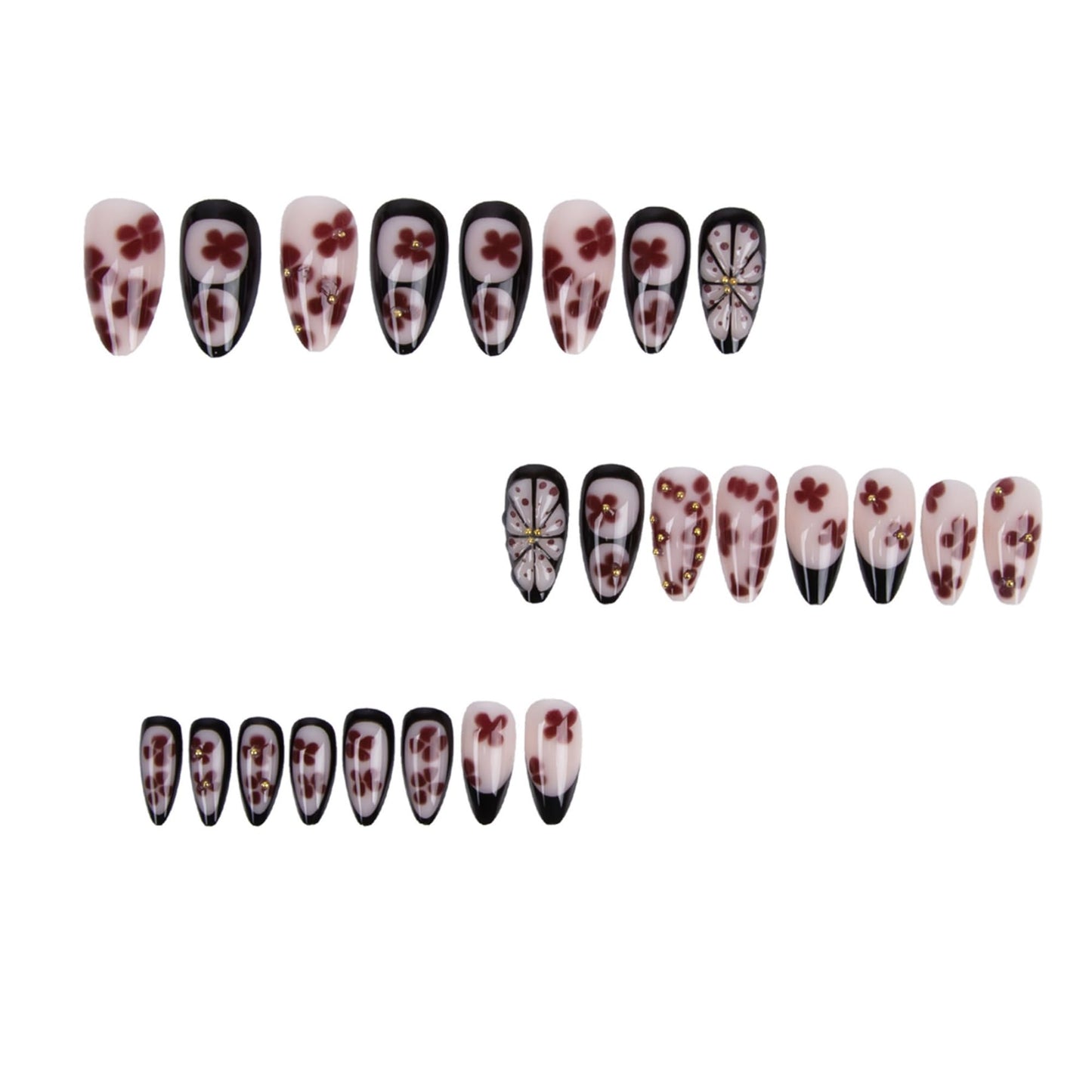 Almond Press on Nails Long Fake Nails Black Artificial Nail Red Floral Stick on Nail for Women 24pcs