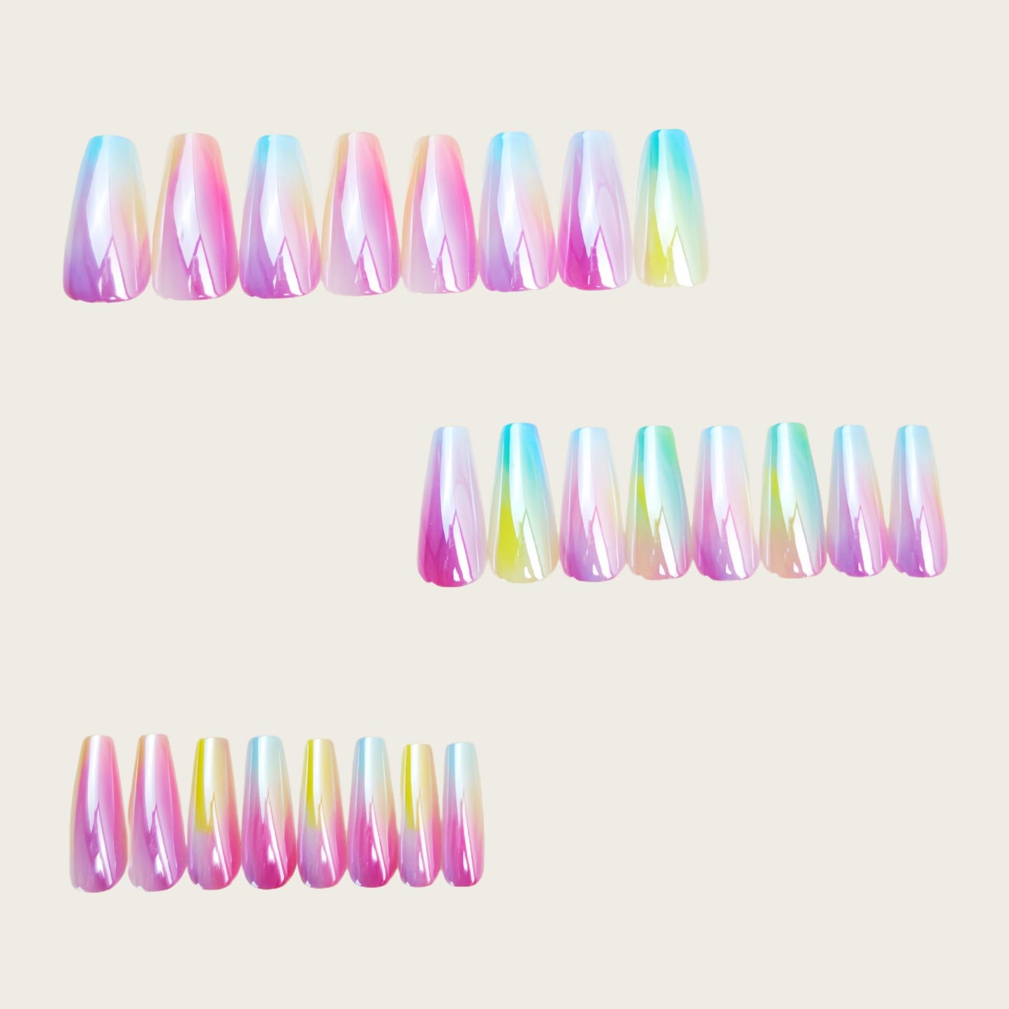 Chrome Press on Nails Medium Coffin Fake Nails Dreamy Rainbow Aurora False Nails Laser Glossy Full Cover Stick on Nail Reusable Artificial Glue on Nails for Women Manicure 24Pcs