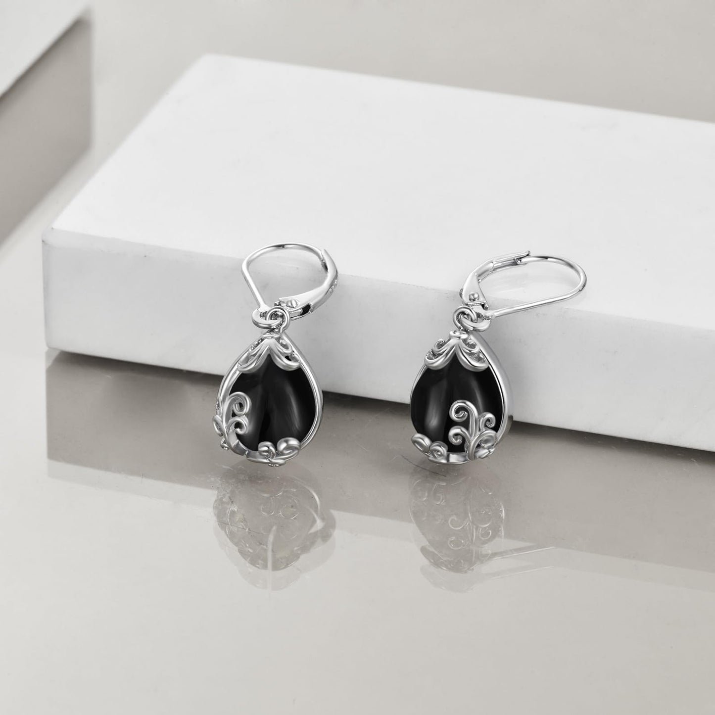 POPLYKE Black Tourmaline Filigree Teardrop Drop Dangle Earrings Sterling Silver Crystal Leverback Earrings Jewelry for Women