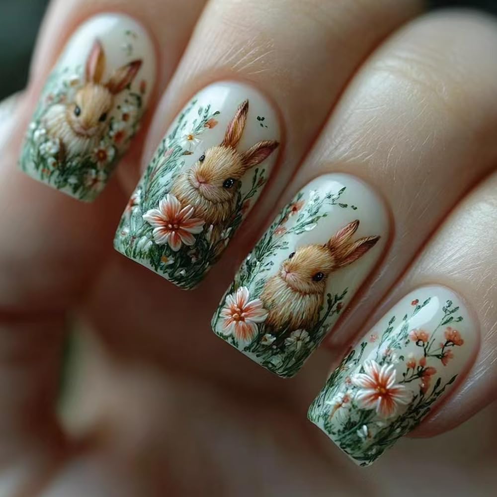 Easter Embossed Press on Nails Medium Square Fake Nails 3D Cute rabbit False Nails Forest Theme Rabbit Acrylic Stick on for Women Girls Easter Manicure Decoration 24Pcs