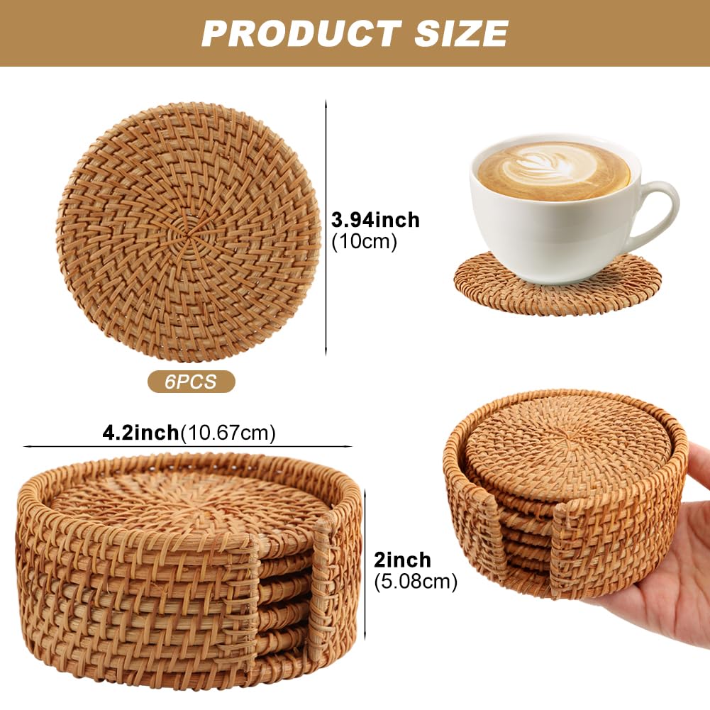 6pcs Handmade Rattan Coaster Set with Holder - Wicker Coasters, Heat-Resistant Drink Coasters for Coffee Table, Housewarming Gifts, Home Decor